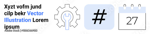 Gear with wrench, metadata tag mark, calendar date, and placeholder text. Ideal for projects, workflow, scheduling, organization, productivity time management business tools simple landing page