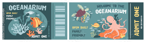 Oceanarium tickets templates. Aquarium museum with exotic fish, corals and marine underwater animals, access passes funny design, sea life coupons or flyer, garish vector cartoon set
