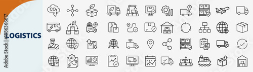 Global logistics and supply chain management outline icon set, isolated vector.