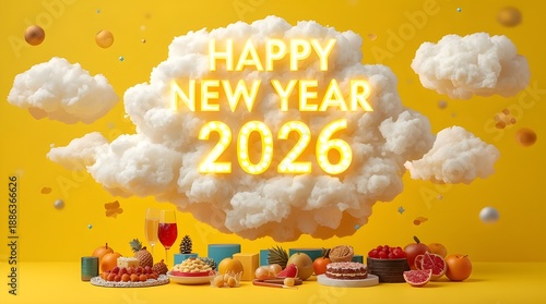 Happy New Year 2026 Celebration with Glowing Neon Text on Cloud and Yellow Background