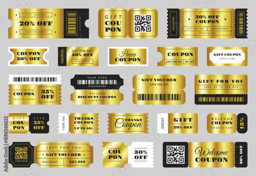Golden coupon templates. Gift and discount luxury vouchers, detachable tickets with barcodes, sale and promotion metallic flyers design, promotion special offer classy vector typography set