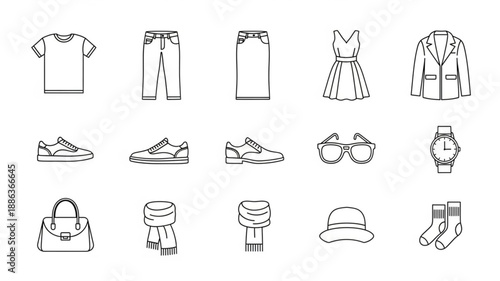 Collection of simple clothing and accessory line art icons.