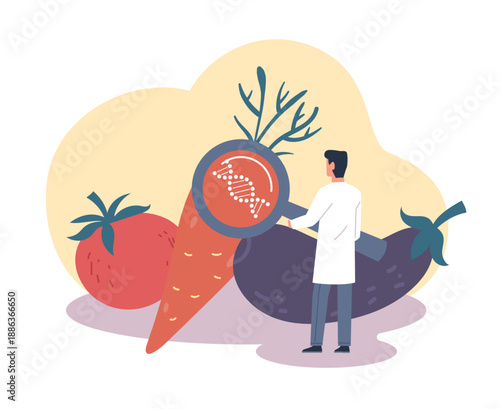 Genetically modified food industry. Scientist is investigating genetic code of carrots, lab examining vegetables with a magnifying glass showing DNA vector cartoon flat isolated concept