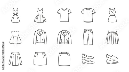Collection of hand-drawn fashion clothing items and shoes.