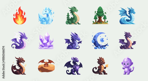 A vibrant 4K icon set featuring twelve unique and imaginative dragon designs in a modern flat and soft 3D style. Perfect for fantasy games, mobile apps, branding, storytelling projects, UI/UX design