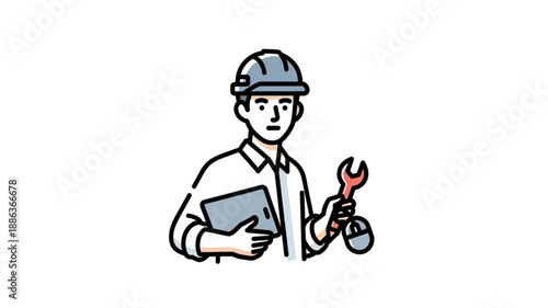 Skilled construction worker holding a wrench and tablet.