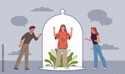Extroverts try communicate with introvert. Sociable people, girl under glass hood, psychology, character traits, emotional safety, personal boundaries and privacy nowaday vector concept