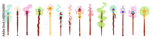 Cartoon magic wands with effects. Different wooden wizard sticks with decor, colored smoke, sparks, stars and particles, wizard fantasy tool with crystals, garish vector isolated set