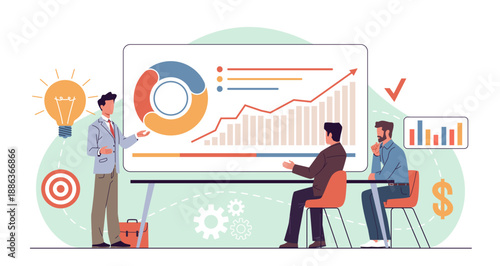 Business negotiations. New project presentation process, partnership conclusion, collaboration and teamwork in office, successful startup, analyzing information, nowaday vector concept