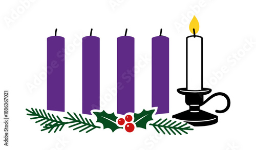 Flat design illustration of an advent wreath depicting four unlit purple candles and one lit white candle with holly and pine branches for religious Christmas celebrations