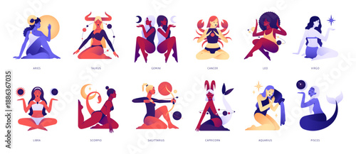 Women zodiac signs. Beautiful female characters, horoscope symbols, sexy girls in bikinis, feminine scorpio, aries, astrology figures with celestial symbols tidy vector isolated set