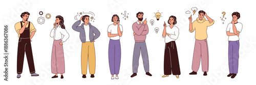 Thoughtful people characters. Young creative persons with ideas, projects, questions, thinking process, problem solving, men and women with speech bubbles garish vector cartoon isolated set