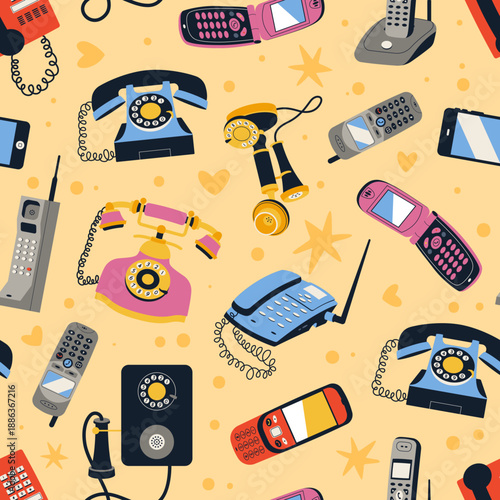 Retro phone seamless pattern. Different types devices, vintage, modern telephones with tubes, wires, dials, buttons. Decor textile, wrapping paper. Print for fabric , tidy vector background