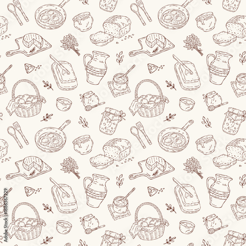 Seamless vector pattern in outline style of farm kitchen food: basket with eggs, bread, cheese, butter, honey, jam, milk jug, buttermilk, and greenery. Ideal for textiles and kitchen designs