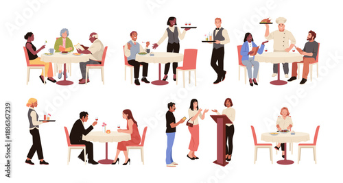 Restaurant visitors characters. Catering table service, waiters at tables with menu, chef, manager, people ordering dinner, communicate and eat delicious food, tidy vector cartoon set