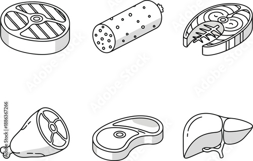 Isometric meat and fish products line art icons set for butchery food concepts