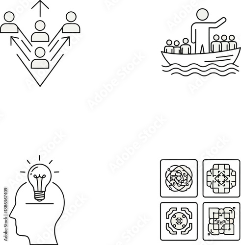 Leadership, teamwork, creative ideas, and complex problem solving line icons set