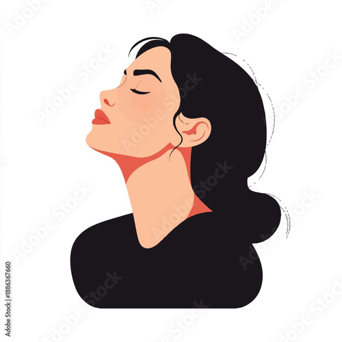 Serene woman with closed eyes and head tilted upwards in peaceful contemplation.