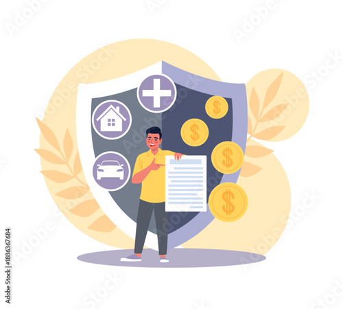 Insurance. Risk management, guy on background of billboard with industry icons, protective shield with symbols for home, car and health, financial security, guarantee document vector concept