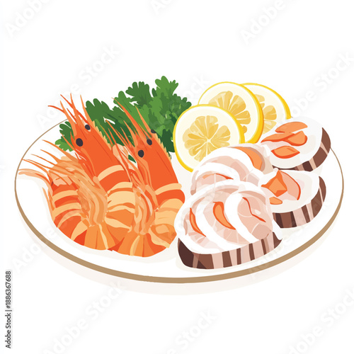 Shrimp and fish fillet seafood platter with lemon.