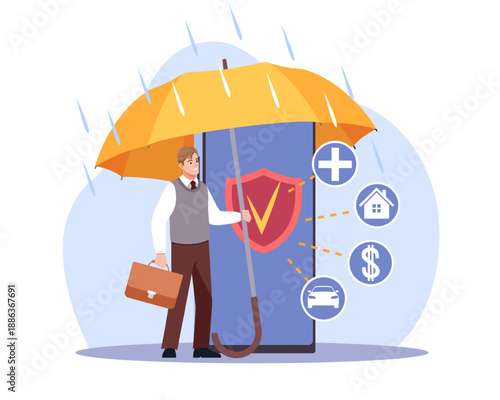 Insurance services. Protecting client using smartphone, antivirus programs and applications, mobile device with shield and icons for health, home, car and money, vector cartoon concept