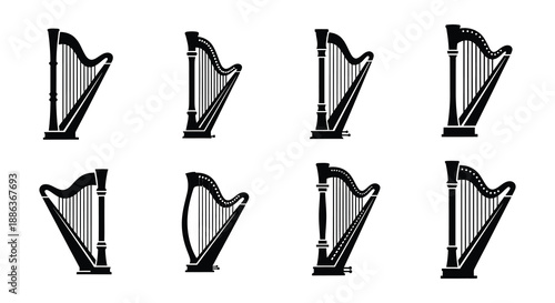 A collection of harp illustrations in varying styles and designs