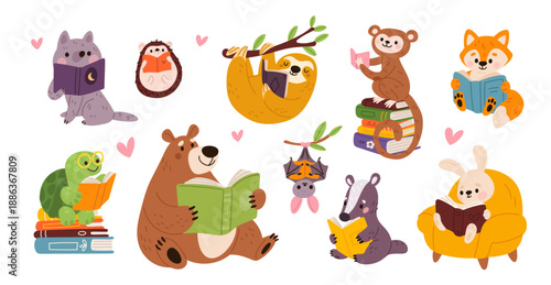 Funny animals read books. Cute fauna characters holding open books and studying, bear, sloth, turtle, literature lovers, education and knowledge mascot garish vector cartoon isolated set