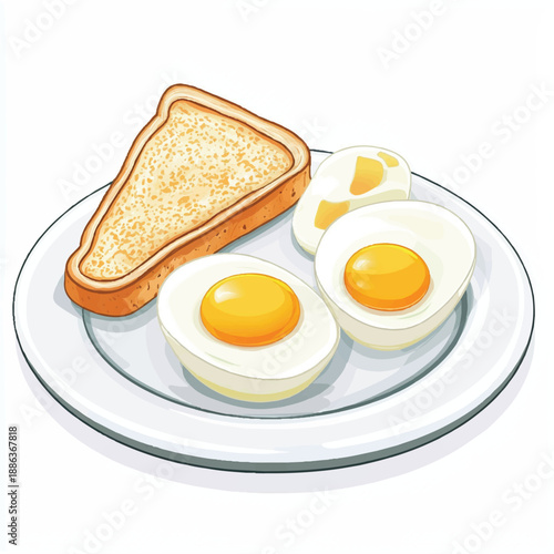 Simple Breakfast Plate Two Halved Boiled Eggs and Toasted Bread