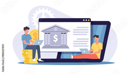 Financial services. Web developers, banking platforms, Programmers working on financial application, money operations, security and automation, digital finance vector cartoon concept