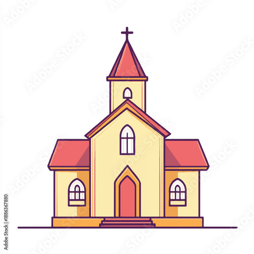  Simple Church Building With Red Roof and Cross.