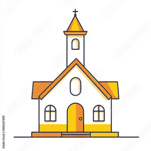  Simple Church Building With Red Roof and Cross.