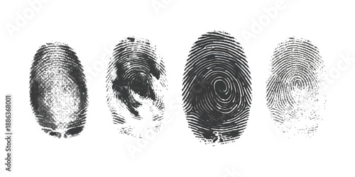Diverse set of authentic human fingerprints captured in black ink for identification isolated on transparent background