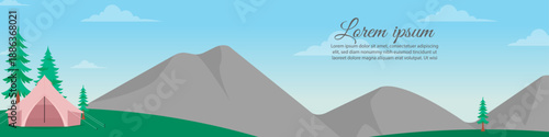 Illustration of a serene mountain landscape with a pink camping tent and green pine trees under a blue sky.