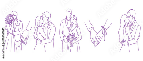 Elegant Hand Drawn Newlyweds Set – Contour Line Wedding Doodles for Invitations & Greeting Cards