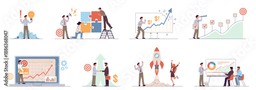 Developing your own business scenes. Successful startup, market analysis and planning, teamwork company creation, new project planning and performance nowaday vector cartoon isolated set