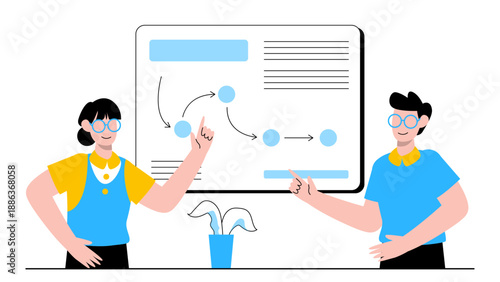 Professional team discussing a strategic roadmap on a presentation board for project growth