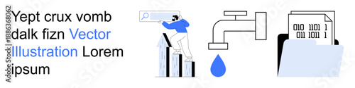 Data analysis, cybersecurity, digital storage, information management, privacy protection, data leakage. Person analyzing graphs, water faucet with drip digital file icon. Data analysis