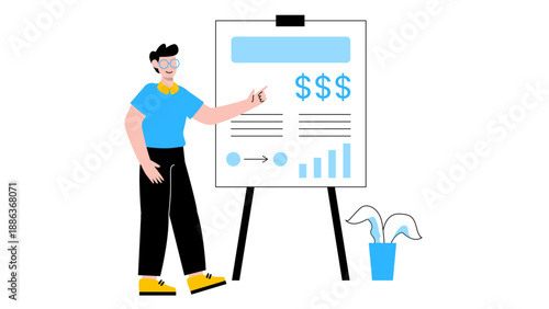 Male entrepreneur presenting financial data and money growth charts on a flipchart