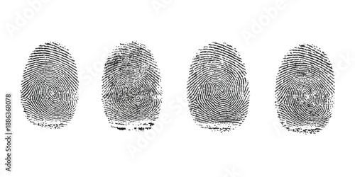 Detailed comparison of four individual black fingerprints on a clear white background isolated on transparent background
