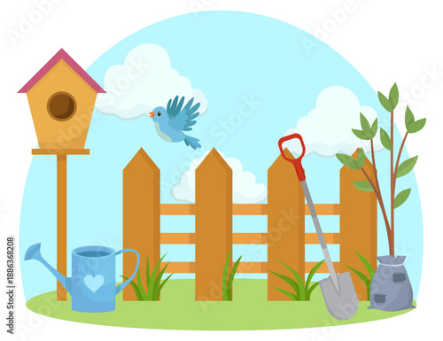 Spring sunny scene with gardening tools cute bird house hello spring elements
