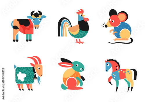 Color geometric animals. Decorative flat fauna characters, simple shapes, chicken, colorful stylized horse and cow, bright pop art style, logotype design, splendid vector cartoon set