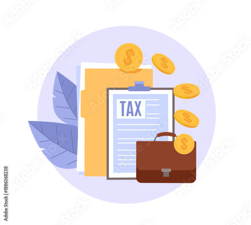 Corporate tax. Taxation preparation corporate, income payment planning, clipboard document, file folder and briefcase with dollar coins, counting, payment and calculation, vector concept