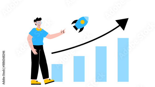 Young entrepreneur pointing at rising bar chart and rocket for startup success