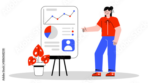 Woman presenting growth data on a large board with charts and graphs
