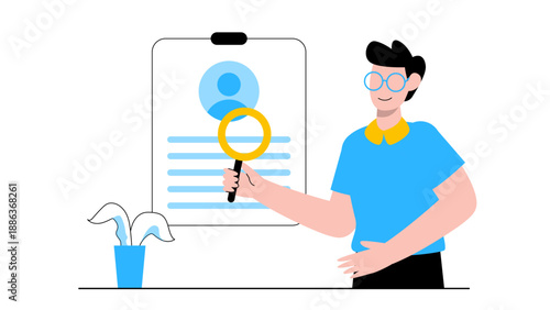 Professional man using magnifying glass to review candidate profile for hiring