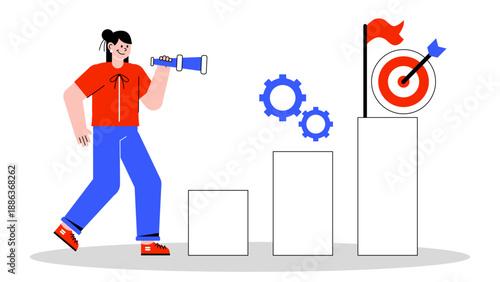 Woman with telescope looking towards targets on rising pedestals