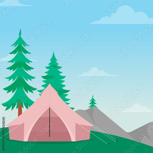 A pink bell tent pitched in a green field with pine trees and mountains under a blue sky.