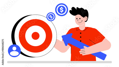 Happy man holding a large arrow pointing towards a target with money