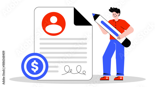 A businessman holding a giant pencil to sign a contract document with a dollar coin