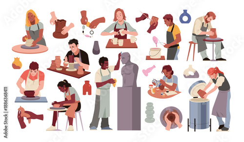 Ceramists people. Creating pottery process, craftsmen sculpt from clay, crockery and statues workshop, men and women painting, firing, glazing vase and cups cartoon isolated tidy vector set